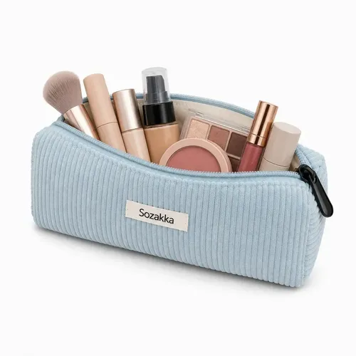 Neceser de Corderoy Celeste para Maquillaje de Mujer con Cierre