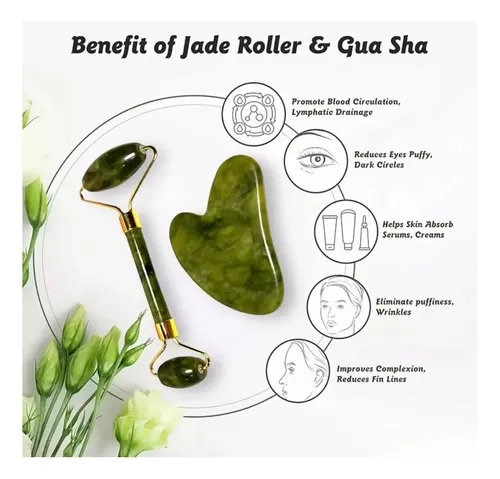Set Gua Sha Y Rodillo Jade Facial Verde Oscuro