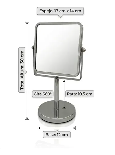 Espejo De Pie Aumento X2 Rectangular Acero Cromado 17x14cm Plateado