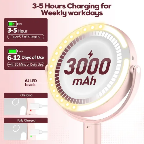 Espejo De Maquillaje Con Luz 30x Aumento Ajustable Rosa