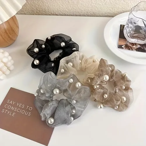 4 Cintas De Malla Multicolor Con Perlas Para El Pelo, Sencil Four Piece Set