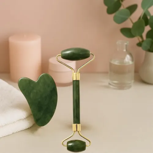 Set Gua Sha Y Rodillo Facial Jade Casacare Verde Oscuro