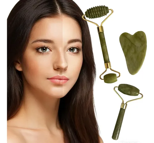 Set Masajeador Facial Jade Roller Y Gua Sha Xifeilol Verde