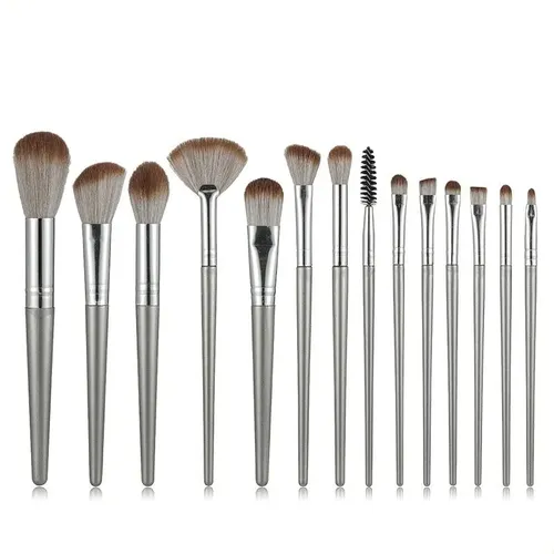 Mujer Set Pinceles Maquillaje 14 Piezas Con Estuche Silver