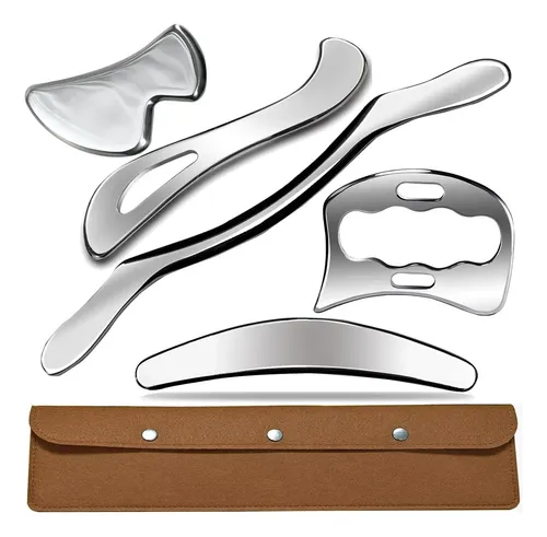 Set 5 Piezas Gua Sha Acero Inox Profesional Con Estuche