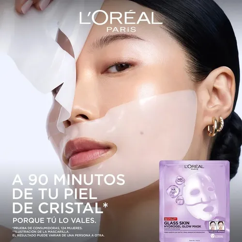 L’Oréal Paris Revitalift Glass Skin Mascarilla Hidrogel 1 pza EFECTO GLOW EN 90 MIN, Hidratación Profunda con Centella Asiática y Ácido Hialurónico. Para todo tipo de piel/ piel mixta a grasa