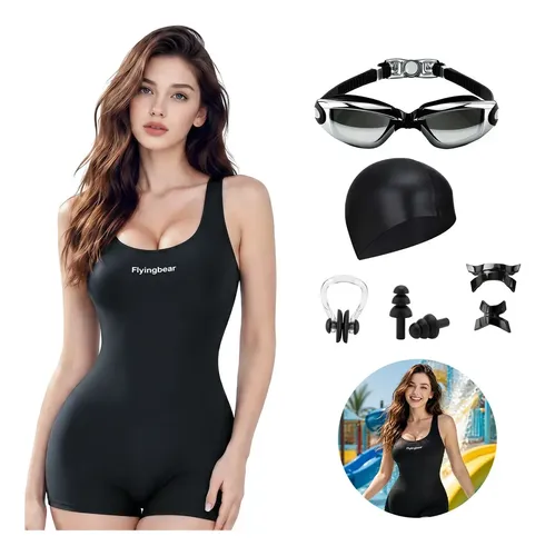 Traje De Baño Deportivo Mujer Natación Lycra Gorra Y Goggles