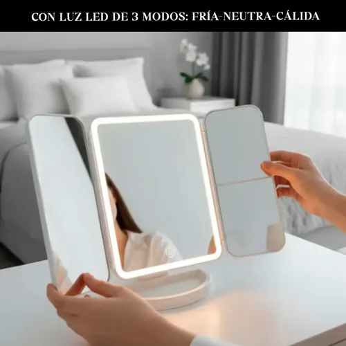Espejo Triple Con Luz Led Usb Maquillaje Triptico Makeup
