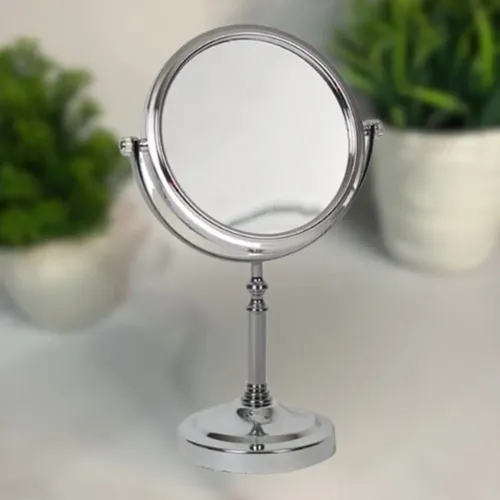 Espejo Maquillaje Aumento Doble Redondo De Pie Acero