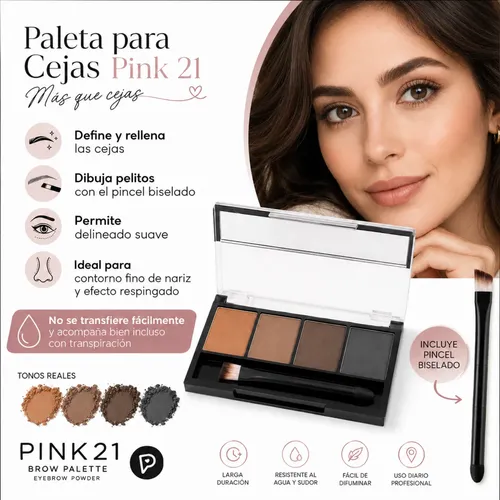 Paleta Cejas Pink 21 4 Tonos Pincel Espejo Larga Duración