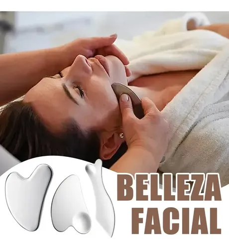 Kit 3 Piezas Guasha Facial Acero Inoxidable Masajes Cuello Todo Tipo De Piel Día/noche
