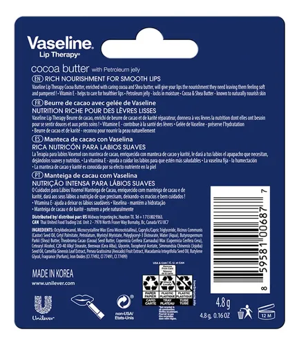 Vaseline Lip Therapy Cocoa Butter Bálsamo Labial De Usa