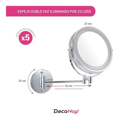 Espejo Maquillaje Led Pared Aumento X5 Doble Faz Cromado