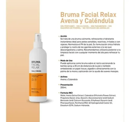 Bruma Facial Biobellus Hialurónico + Bruma de avena y Caléndula Hidratante Día/Noche 200ml