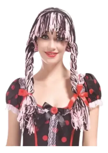 Party – Peluca Muñeca De Trapo – Cotillon, Disfraz – Color Negro Con Rosa
