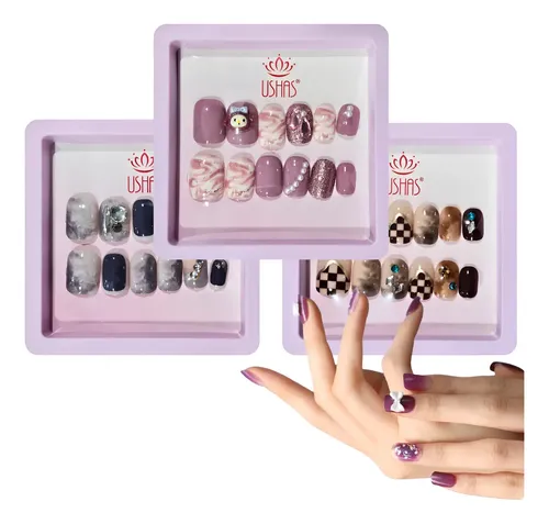 Kit X12 Uñas Postizas Ushas Cuadradas Fashion + Adhesivos
