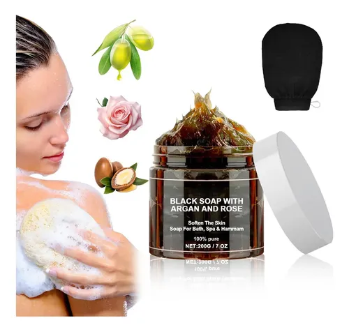 Jabón Negro Con Argán Y Rosa, Exfoliante Corporal .