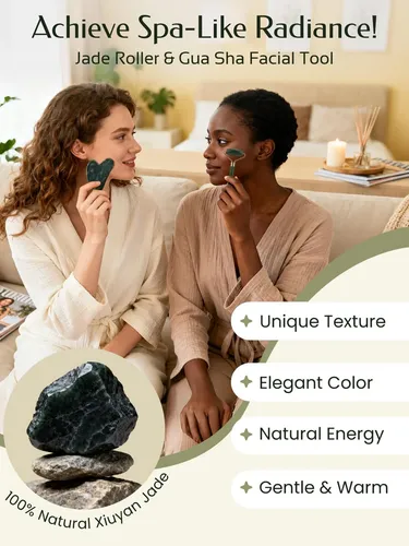 Set Rodillo Facial Y Gua Sha Masajeador Verde 2 Unidades