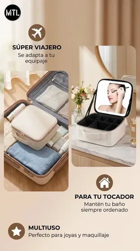 Alhajero Neceser Mtl Organizador Portátil Con Luz Led Espejo Bandeja Desplegable 6 Compartimentos Ajustables Material Pu Resistente Diseño Elegante Color Blanco Accesorios Maquillaje Viaje