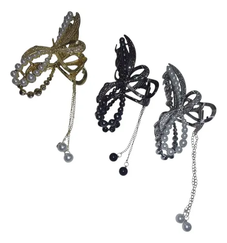 Hebilla Broche De Pelo Metal Perla Y Cadena Sultil Detalle