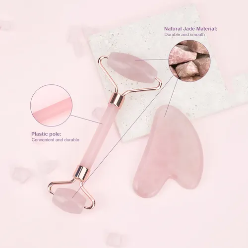 Rodillo Facial De Jade Natural Gua Set, Raspador De Cuello,  Rosa