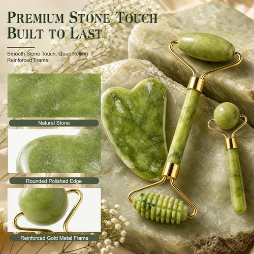 Set Masajeador Facial Jade Roller Gua Sha 3 Piezas Verde