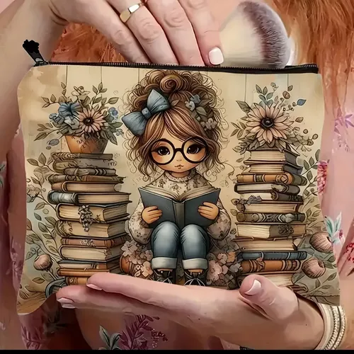 Bolsa De Cosméticos Portátil Con Cremallera Plegable Con Est 1 Book Lover Print With Floral Elements