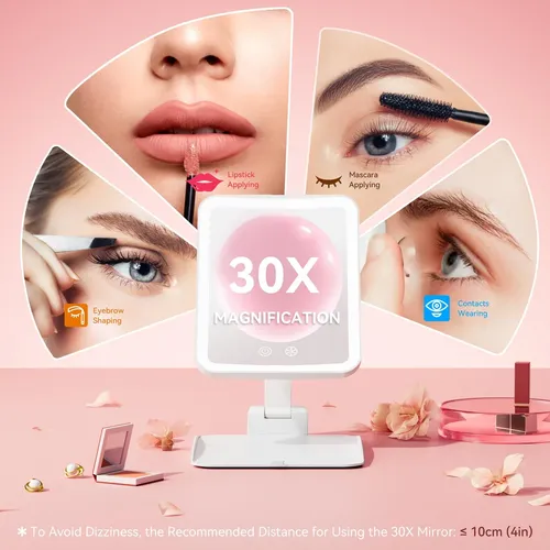Espejo De Maquillaje Auxmir 30x Con Luz Led Plegable Blanco