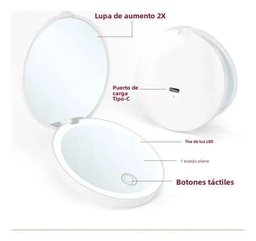 Espejo Plegable Con Luz Led Y Aumento 2x Portátil