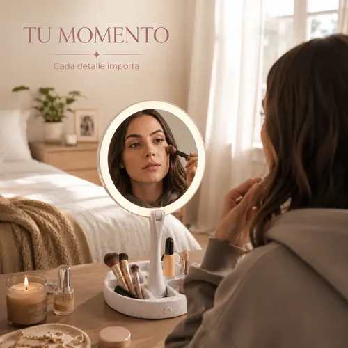 Espejo De Maquillaje Led Redondo Con Base Organizadora Luz