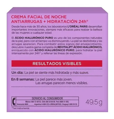 Crema Facial Noche Loréal Paris Revitalift Ácido Hialurónico Todo Tipo De Piel