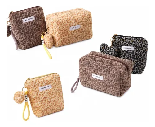Bolso De Maquillaje Felpa Leopardo Marrón Hexagonal Grande
