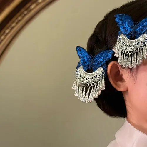 Campanilla Plateada Con Bordado De Mariposas Azules Retro Ch Blue Embroidery Butterfly