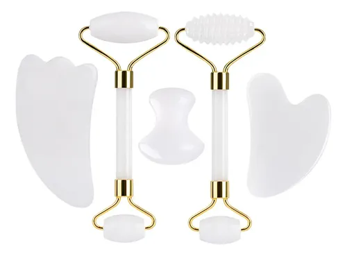 Set Masaje Facial White Jade Roller Gua Sha, Gouache Natu P