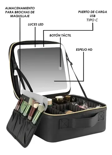 Maletín Neceser Con Luz Led Maquillaje Organizador Espejo Negro
