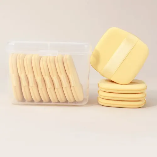 8 Borlas De Polvo Cuadradas Amarillas Con Estuche Transparen