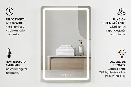 Espejo Luz Led Vertical 60x80cm Digital Con Reloj, Temperatura, 3 Luces Y Desempañador Casa Hadid