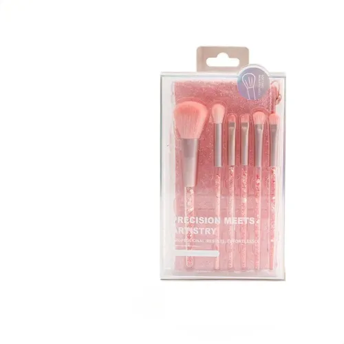 Set 6 Brochas Maquillaje Mango Lentejuelas Rosadas