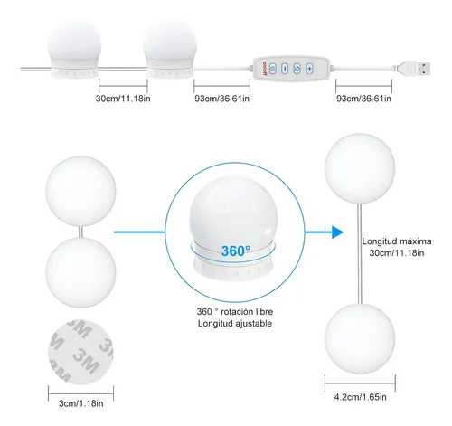Kit 10 Focos Camarin Lamparas Luz Led Espejo Usb Maquillaje