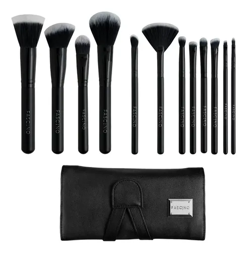 Set 12 Brochas Y Pinceles De Maquillaje+portabrocha Fascino Color Negro