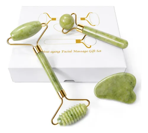 Set Masajeador Facial Jade Roller Gua Sha 3 Piezas Verde