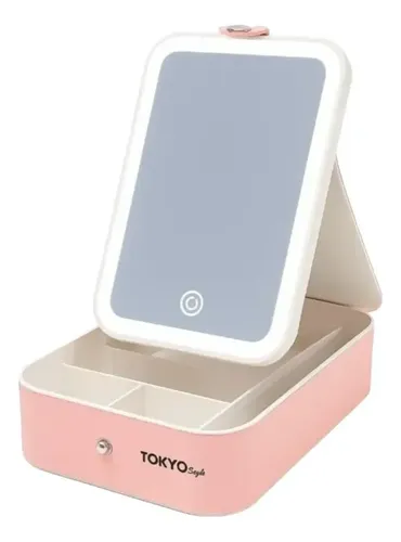 Espejo Led Porta Cosmeticos Usb Funda Simil Cuero
