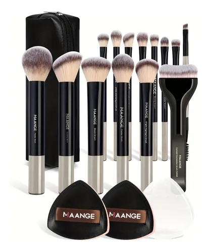 14 Pinceles De Maquillaje, 2 Esponjas De Maquillaje Con Almo Marrón