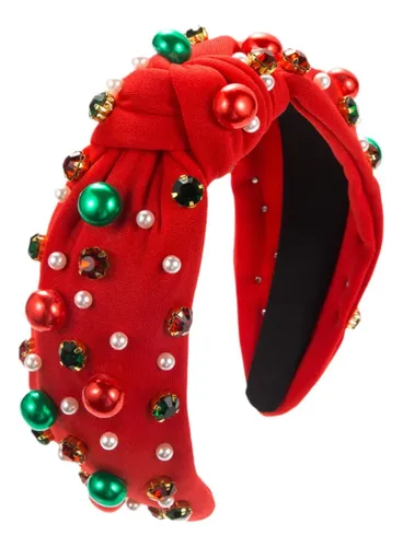 Diadema De Navidad Roja Ancha Con Perlas Y Rhinestones