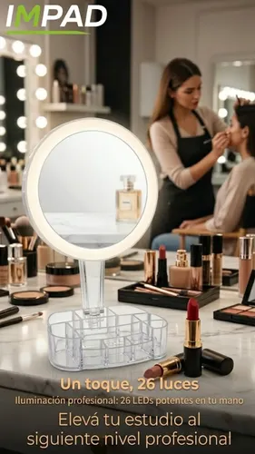 Espejo Redondo Maquillaje Led Táctil Con Organizador Impad
