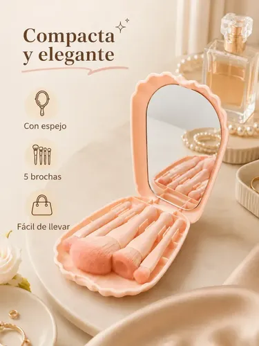 Set De Brochas Maquillaje Con Espejo Portátil Viaje 5 Pzs