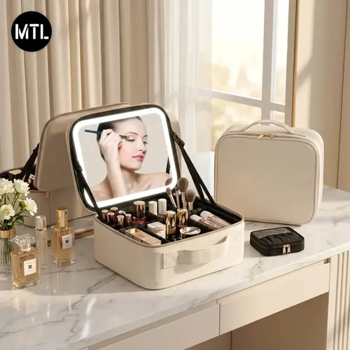 Alhajero Neceser Mtl Organizador Portátil Con Luz Led Espejo Bandeja Desplegable 6 Compartimentos Ajustables Material Pu Resistente Diseño Elegante Color Blanco Accesorios Maquillaje Viaje