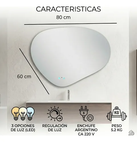 Espejo Forma Curva Diseño Digital Luz Led Tactil Baño 60×80
