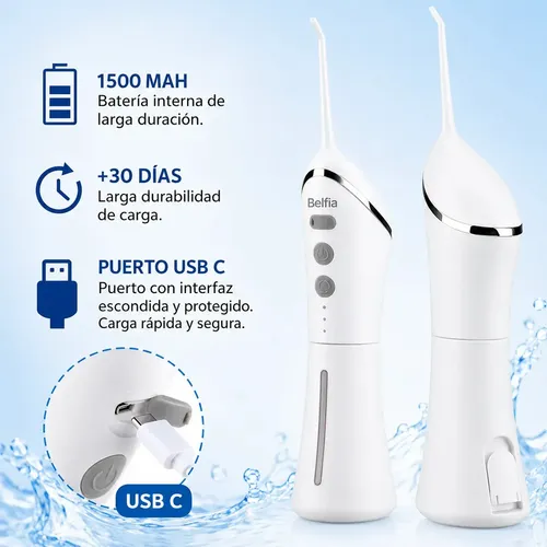 Irrigador Bucal Ducha Dental Belfia HF1 Water Flosser Hilo Dental Portátil Para Brackets Ortodoncia Implantes Gingivitis Sarro Encías Limpieza Oral Profunda