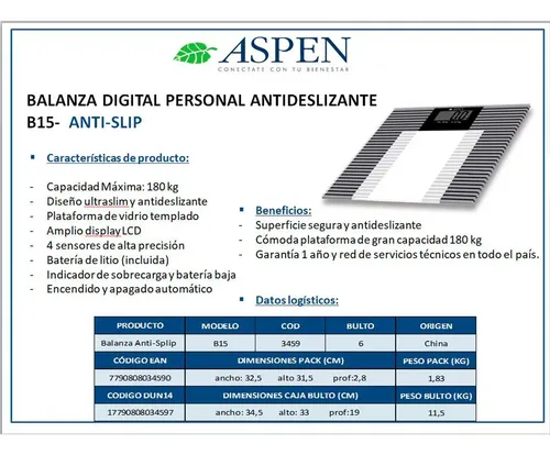 Balanza Digital Personal De Vidrio Aspen B-15 Anti-slip